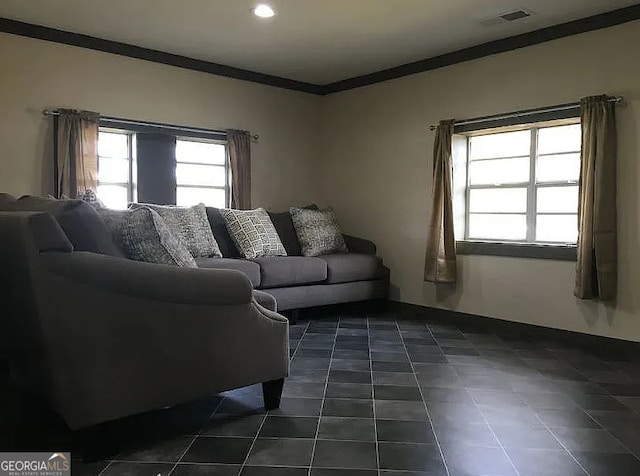 living room with dark tile patterned flooring and crown molding