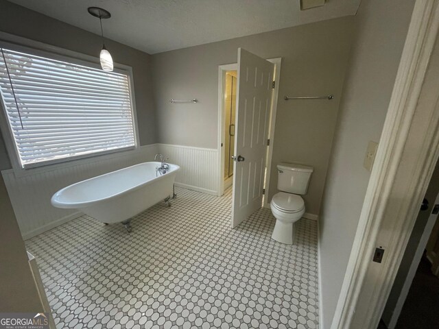 bathroom featuring a textured ceiling, toilet, and a bath