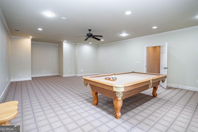 rec room with ceiling fan, light colored carpet, ornamental molding, and pool table