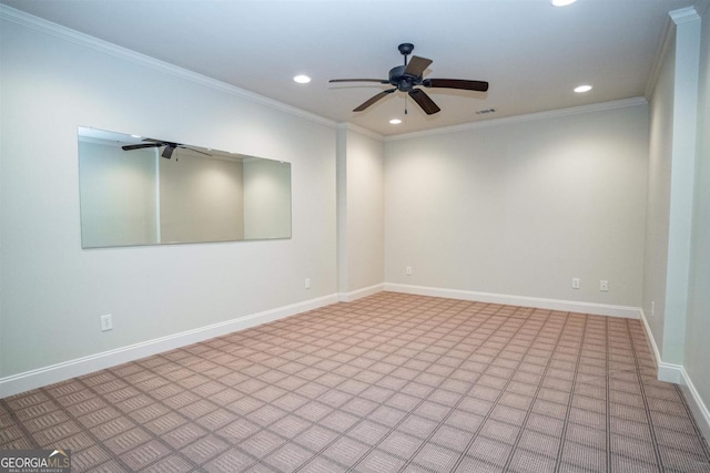 empty room with ceiling fan and crown molding