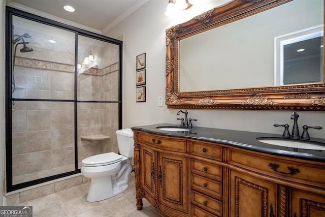 bathroom featuring vanity, tile patterned flooring, toilet, ornamental molding, and an enclosed shower