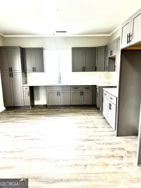 kitchen featuring gray cabinets, sink, light wood-type flooring, and ornamental molding