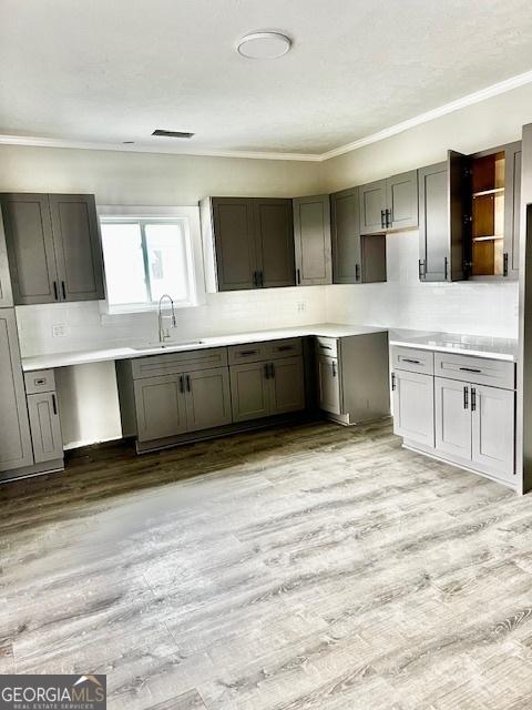 kitchen with gray cabinetry, crown molding, light hardwood / wood-style flooring, and sink