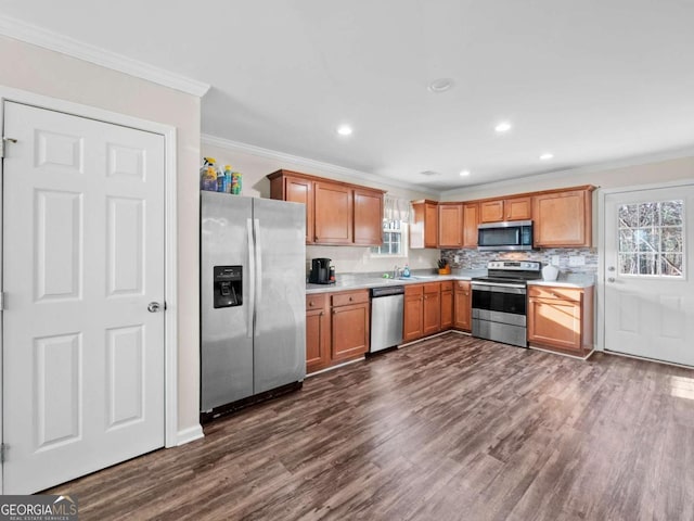 kitchen with appliances with stainless steel finishes, dark hardwood / wood-style floors, and a wealth of natural light