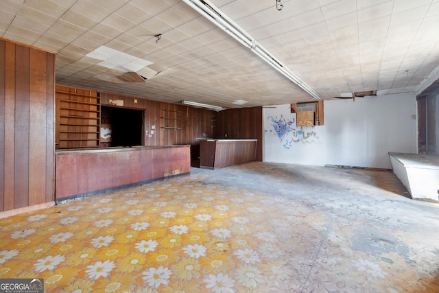 interior space with built in shelves and wooden walls