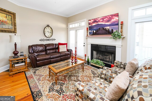 living room featuring hardwood / wood-style floors and ornamental molding