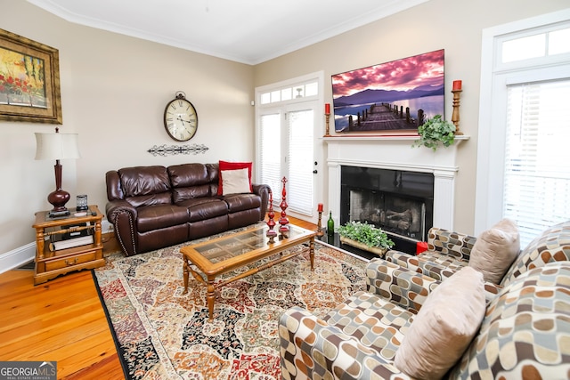 living area featuring a fireplace, baseboards, crown molding, and wood finished floors