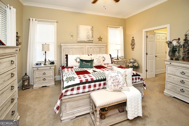 bedroom featuring light carpet, ceiling fan, and ornamental molding