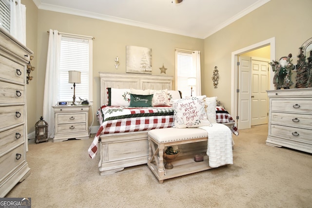 bedroom featuring crown molding and light colored carpet