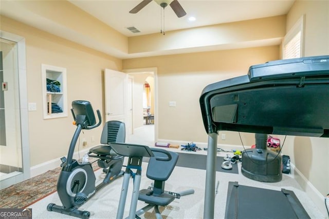 workout area featuring ceiling fan