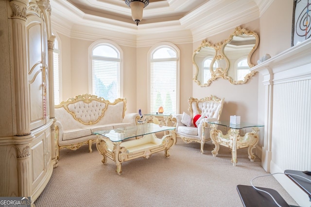 sitting room featuring a tray ceiling, carpet, and ornamental molding