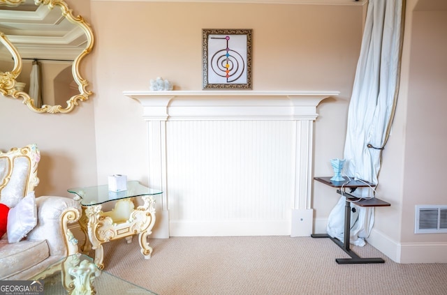 interior details featuring carpet flooring and ornamental molding