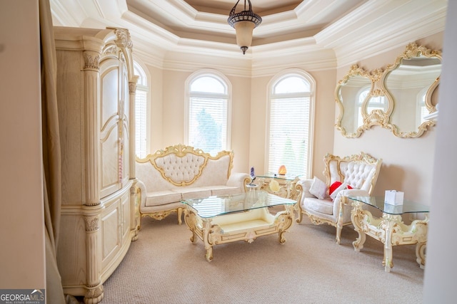 sitting room with carpet floors, a tray ceiling, and crown molding