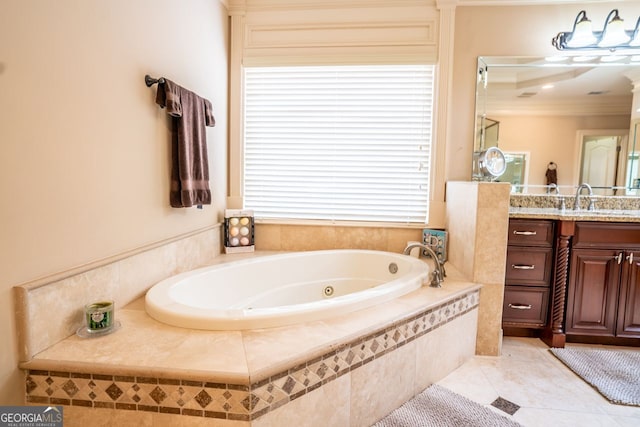 bathroom featuring tile patterned floors, tiled bath, vanity, and ornamental molding