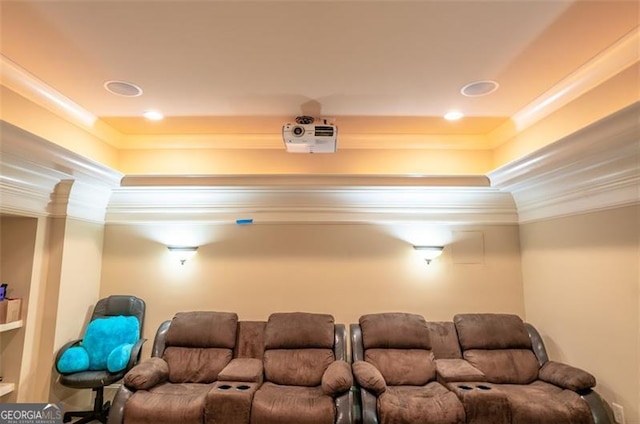 home theater featuring crown molding