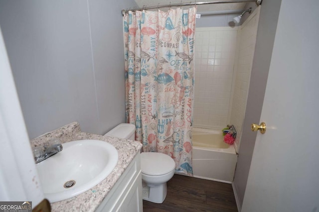 full bathroom featuring vanity, wood-type flooring, shower / bath combo, and toilet