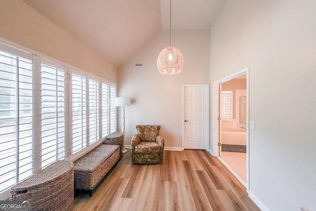 living area with light wood-type flooring and high vaulted ceiling