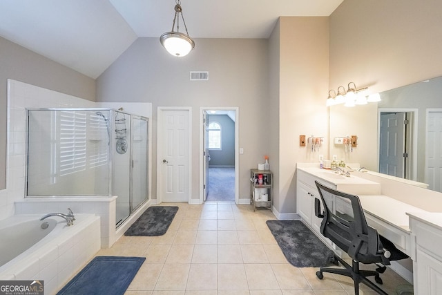 bathroom with tile patterned flooring, vanity, vaulted ceiling, and independent shower and bath