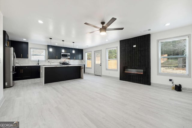 kitchen with a fireplace, appliances with stainless steel finishes, light hardwood / wood-style floors, and a kitchen island