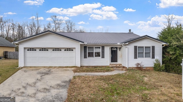 ranch-style house with a front yard and a garage