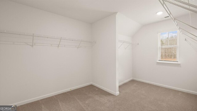 walk in closet featuring carpet and vaulted ceiling