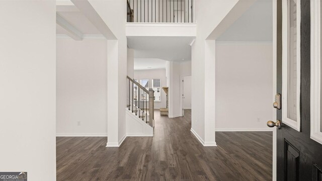 foyer entrance featuring dark hardwood / wood-style floors and ornamental molding