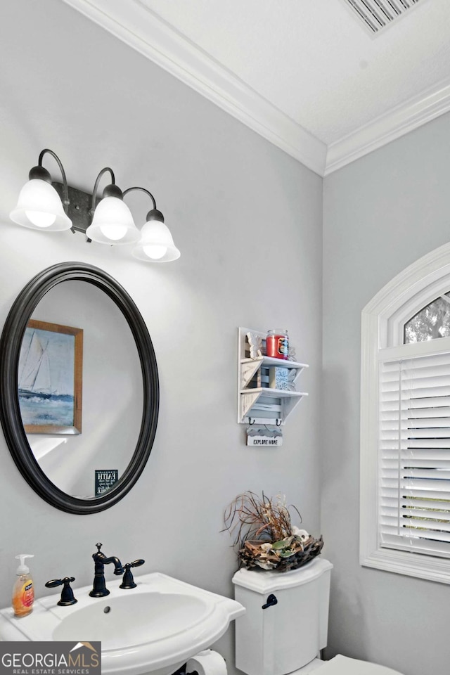 bathroom featuring toilet, ornamental molding, and sink