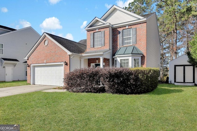 front of property with a front lawn and a garage