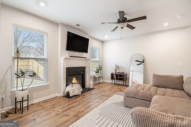 living room featuring light wood-type flooring, ceiling fan, and a healthy amount of sunlight