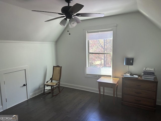 bonus room featuring ceiling fan, lofted ceiling, and dark wood-type flooring