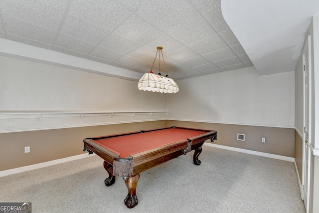 recreation room featuring carpet floors, a paneled ceiling, and pool table