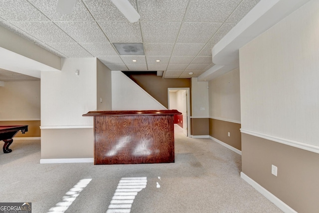 bar featuring a drop ceiling, light carpet, and billiards