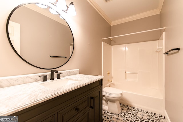 full bathroom featuring shower / bathtub combination, vanity, crown molding, tile patterned flooring, and toilet