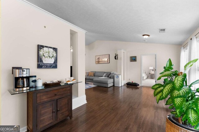 living room featuring a textured ceiling, crown molding, dark wood-type flooring, and vaulted ceiling