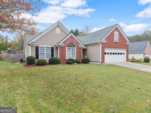 front of property featuring central AC, a garage, and a front lawn