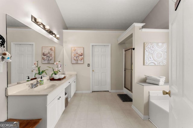 bathroom featuring plus walk in shower, vanity, and ornamental molding