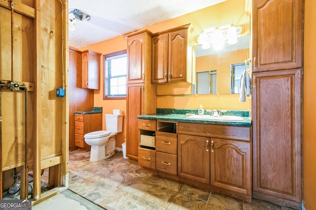 bathroom featuring vanity, toilet, and a textured ceiling