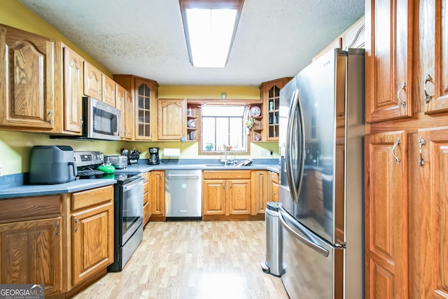 kitchen with sink, light wood-type flooring, a textured ceiling, and appliances with stainless steel finishes