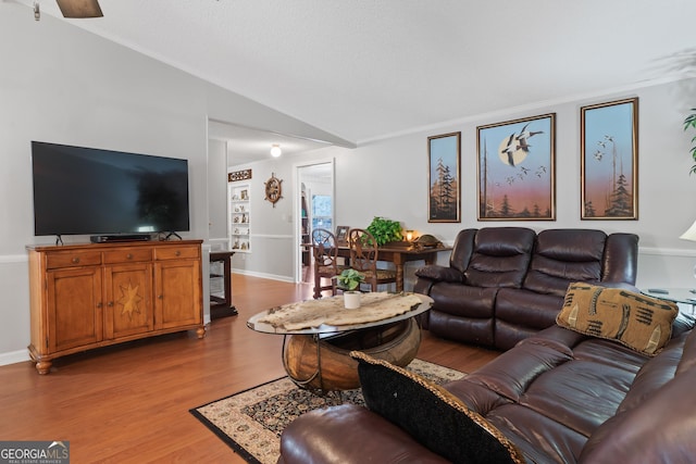 living room with vaulted ceiling and light wood-type flooring