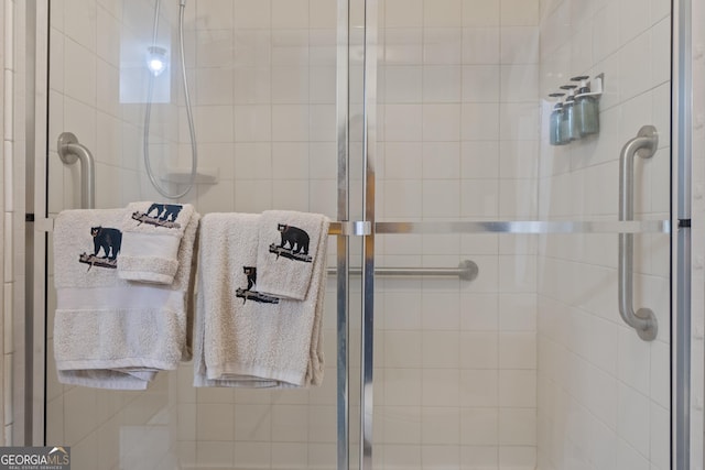 bathroom featuring a shower with door