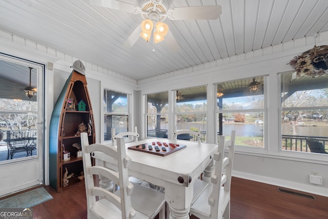 sunroom with ceiling fan and wood ceiling