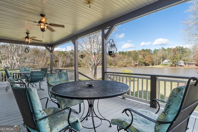 wooden terrace with ceiling fan and a water view