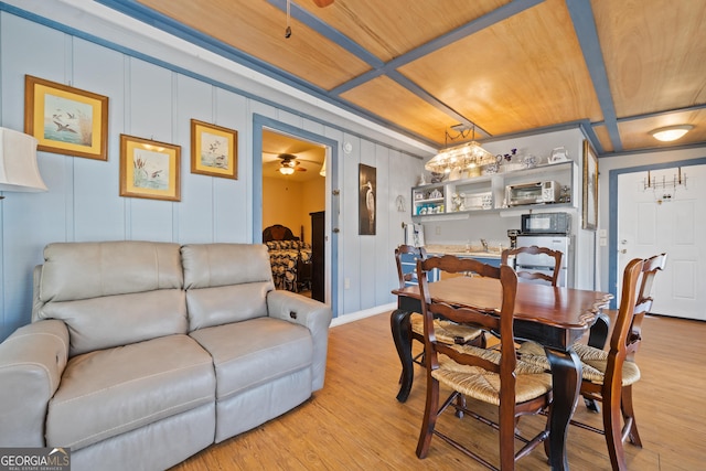 dining room featuring light hardwood / wood-style flooring and wood ceiling