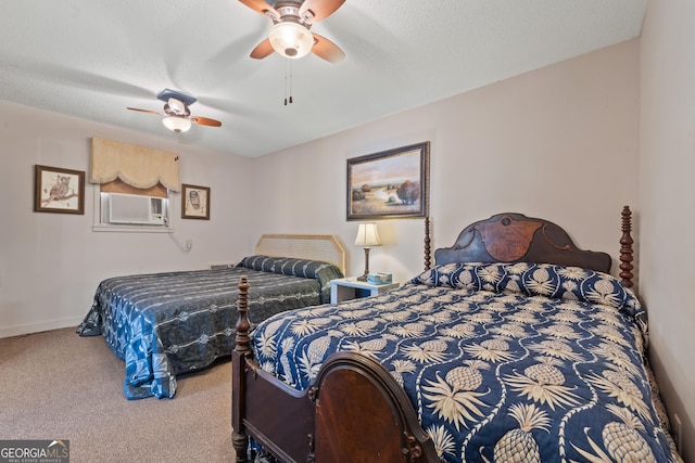 carpeted bedroom with ceiling fan, cooling unit, and a textured ceiling