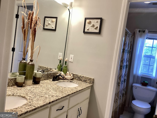 bathroom featuring vanity, toilet, and crown molding