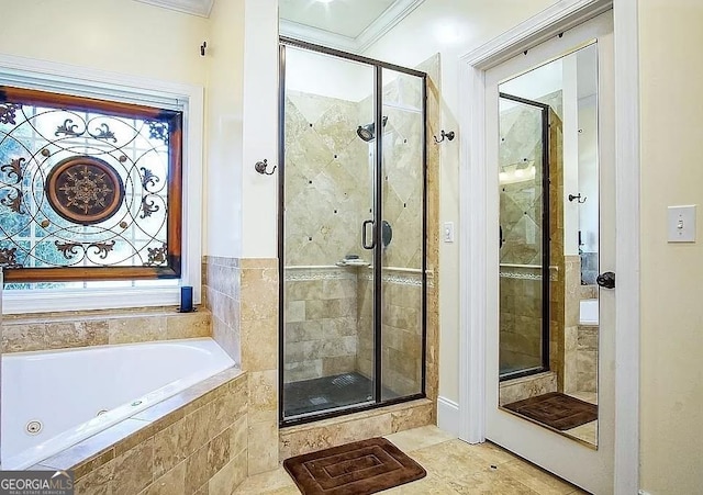 bathroom with a shower stall, a tub with jets, crown molding, and plenty of natural light
