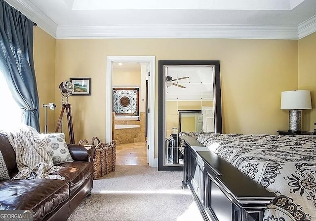 bedroom with ensuite bathroom, crown molding, carpet, and ceiling fan