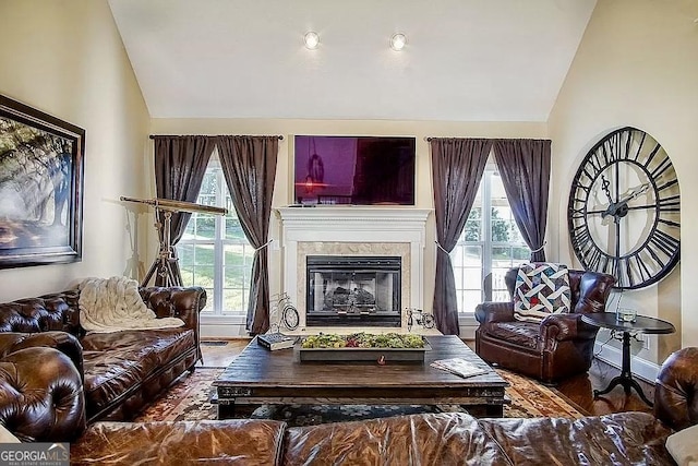 living room with vaulted ceiling, wood finished floors, and a glass covered fireplace