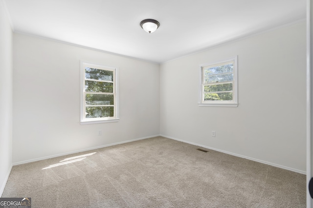 empty room featuring light carpet and ornamental molding