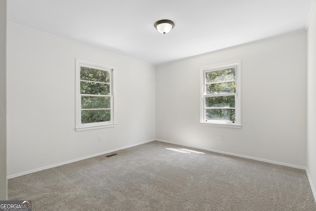 carpeted spare room featuring crown molding